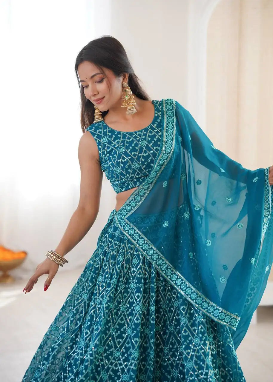 Light Sea Green Thread Embroidered Lehenga – Sequins Work, Faux Georgette, 3.5M Flair Kalyanja